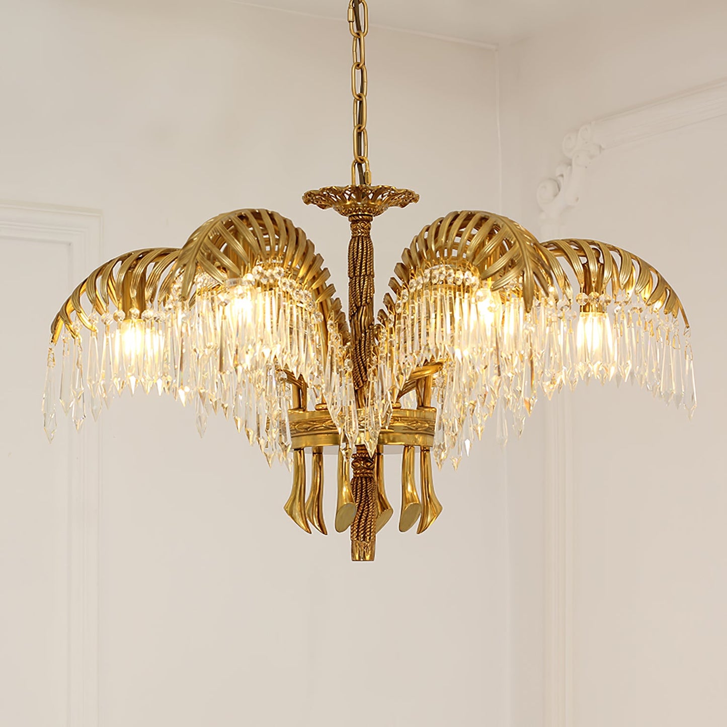 Elegant Brass Palm Leaf Crystal Chandelier with Adjustable Height & Di