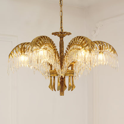 Elegant Brass Palm Leaf Crystal Chandelier with Adjustable Height & Di