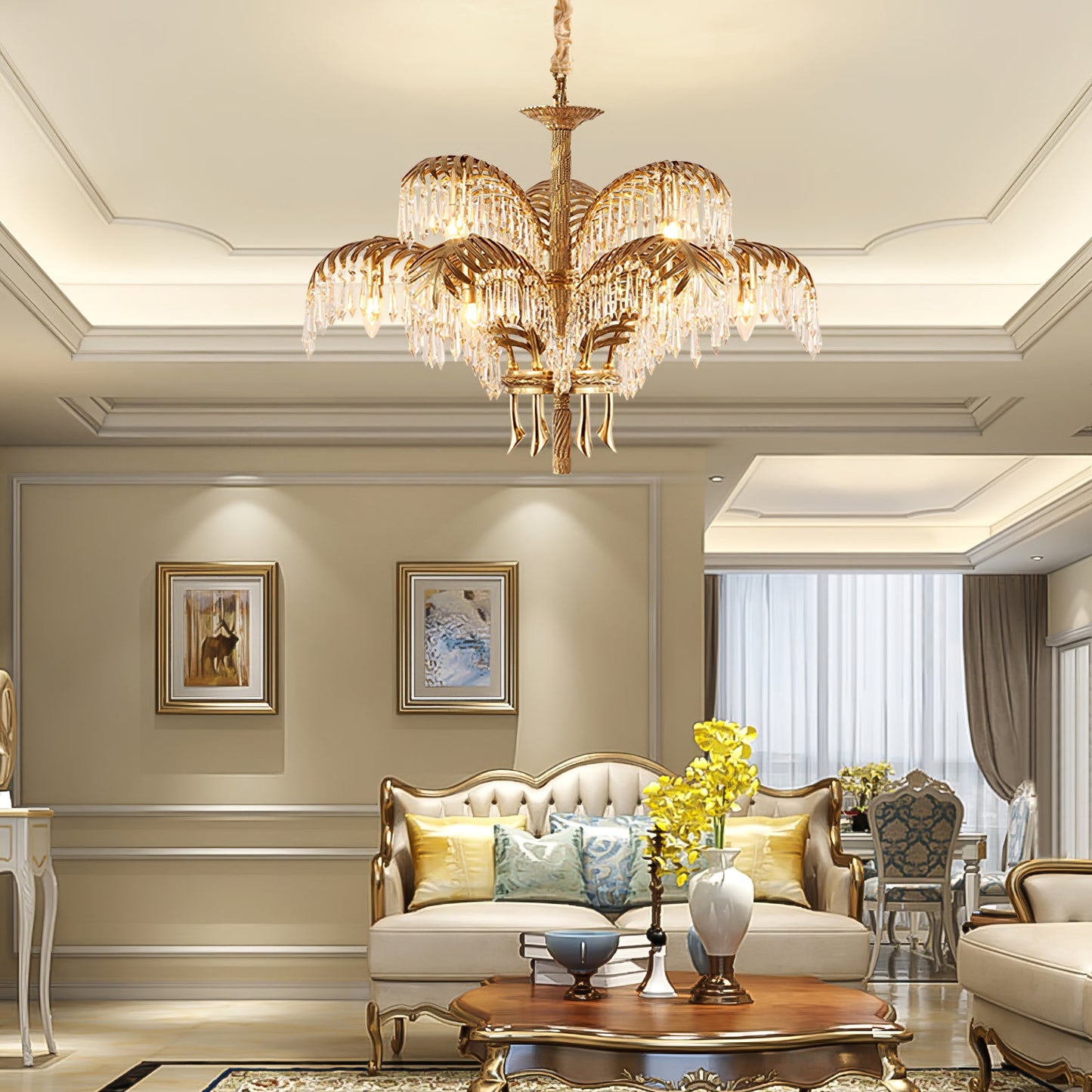 Elegant Brass Palm Leaf Crystal Chandelier with Adjustable Height & Di
