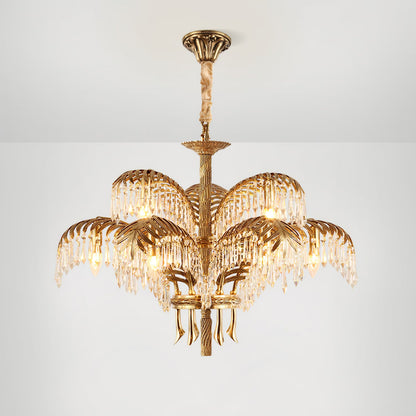 Elegant Brass Palm Leaf Crystal Chandelier with Adjustable Height & Di