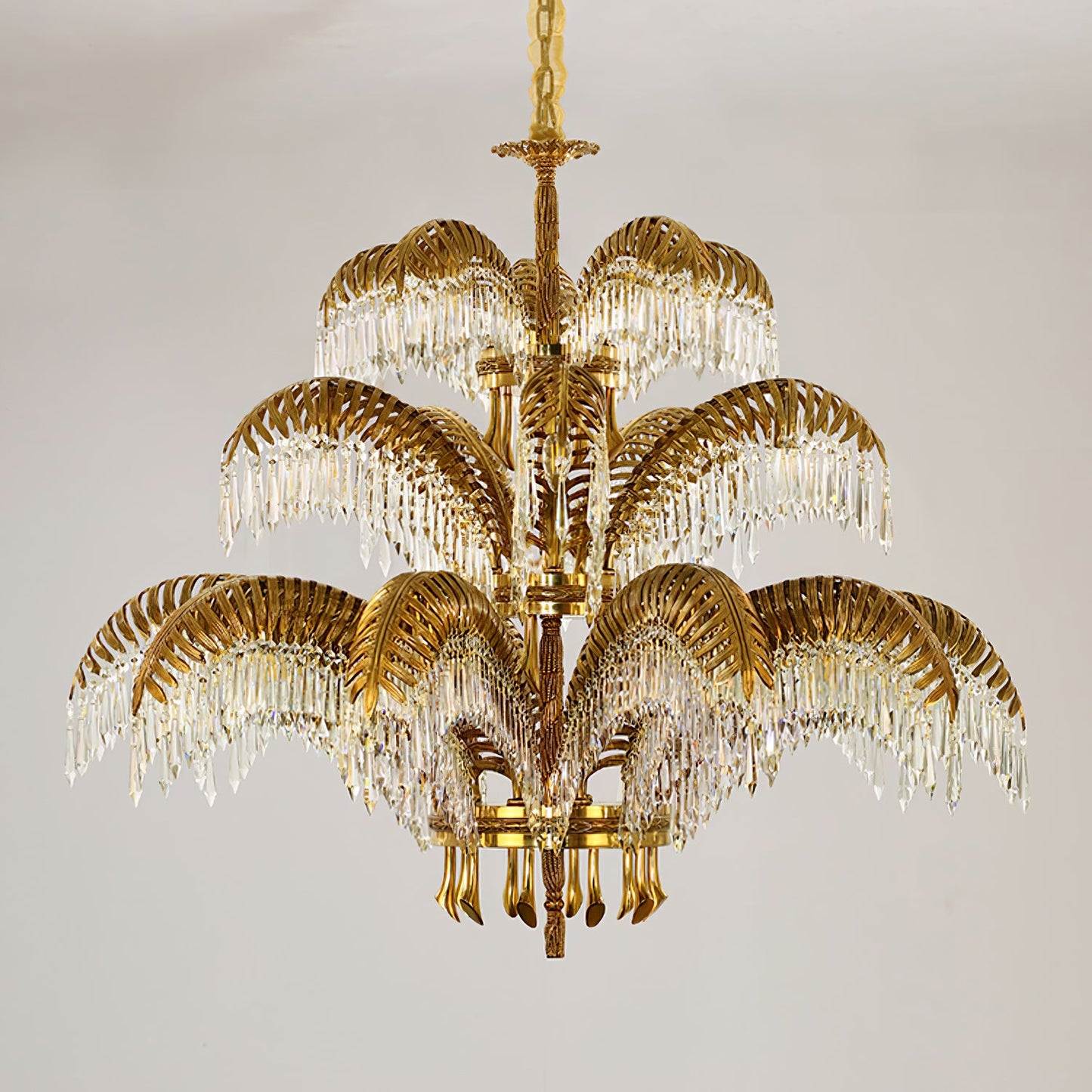 Elegant Brass Palm Leaf Crystal Chandelier with Adjustable Height & Di