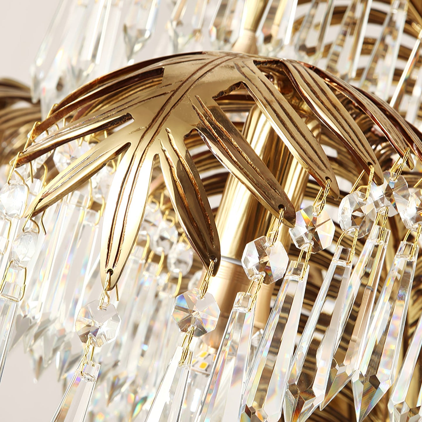 Elegant Brass Palm Leaf Crystal Chandelier with Adjustable Height & Di