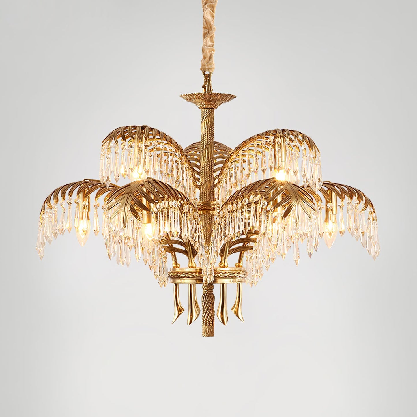 Elegant Brass Palm Leaf Crystal Chandelier with Adjustable Height & Di