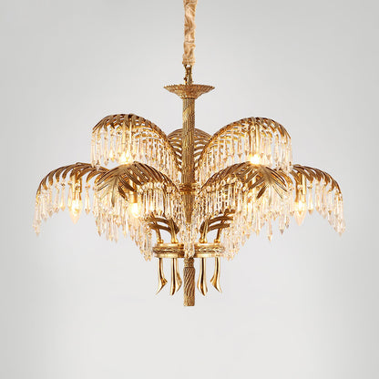 Elegant Brass Palm Leaf Crystal Chandelier with Adjustable Height & Di