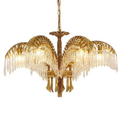 Elegant Brass Palm Leaf Crystal Chandelier with Adjustable Height & Di