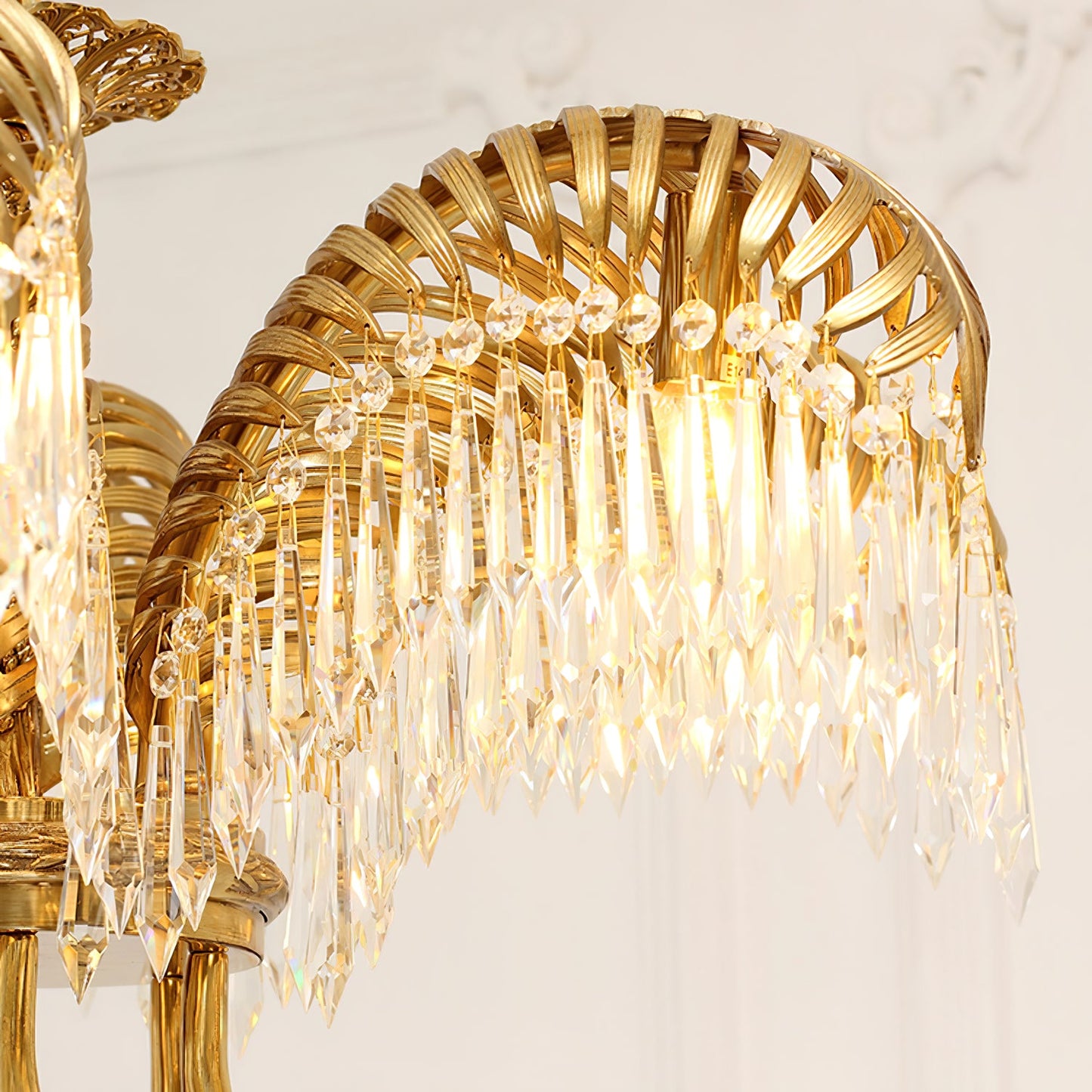Elegant Brass Palm Leaf Crystal Chandelier with Adjustable Height & Di