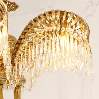 Elegant Brass Palm Leaf Crystal Chandelier with Adjustable Height & Di