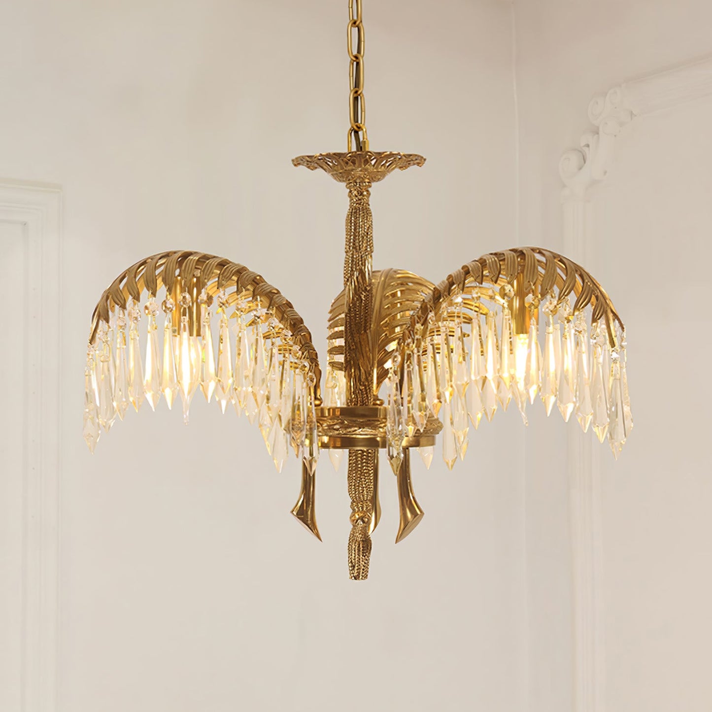 Elegant Brass Palm Leaf Crystal Chandelier with Adjustable Height & Di