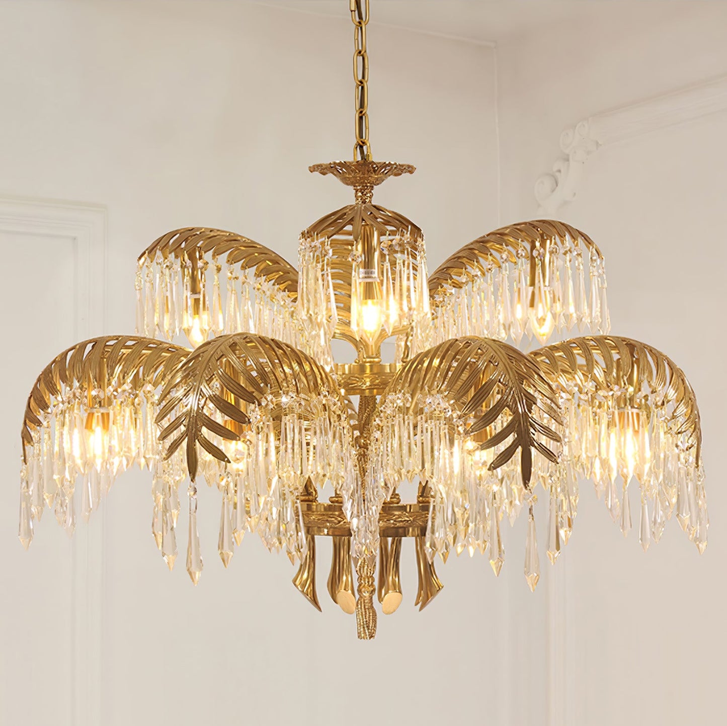 Elegant Brass Palm Leaf Crystal Chandelier with Adjustable Height & Di