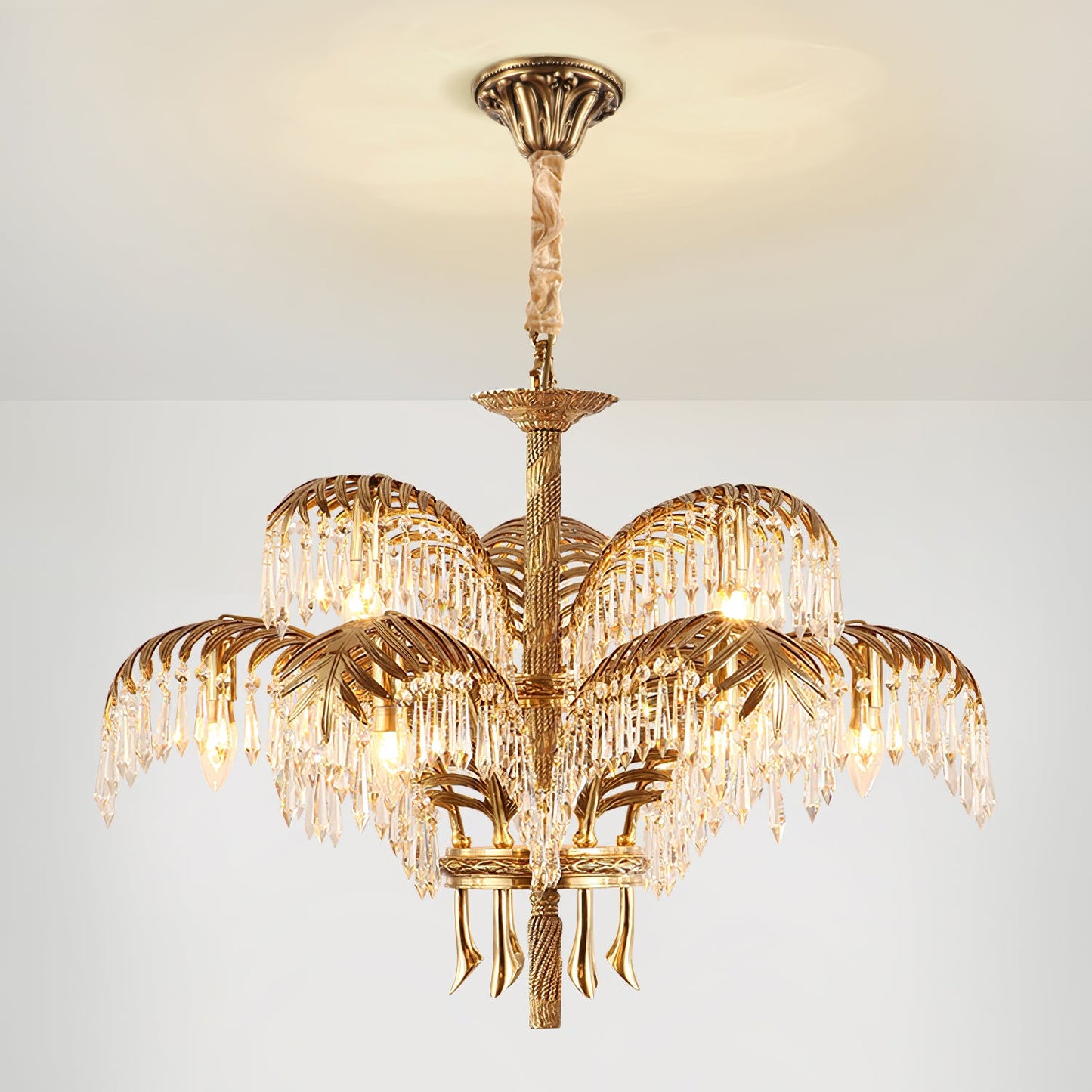 Elegant Brass Palm Leaf Crystal Chandelier with Adjustable Height & Di