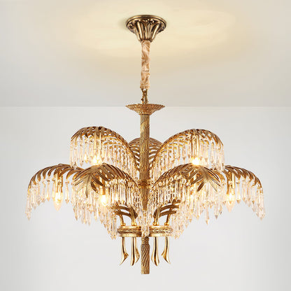 Elegant Brass Palm Leaf Crystal Chandelier with Adjustable Height & Di