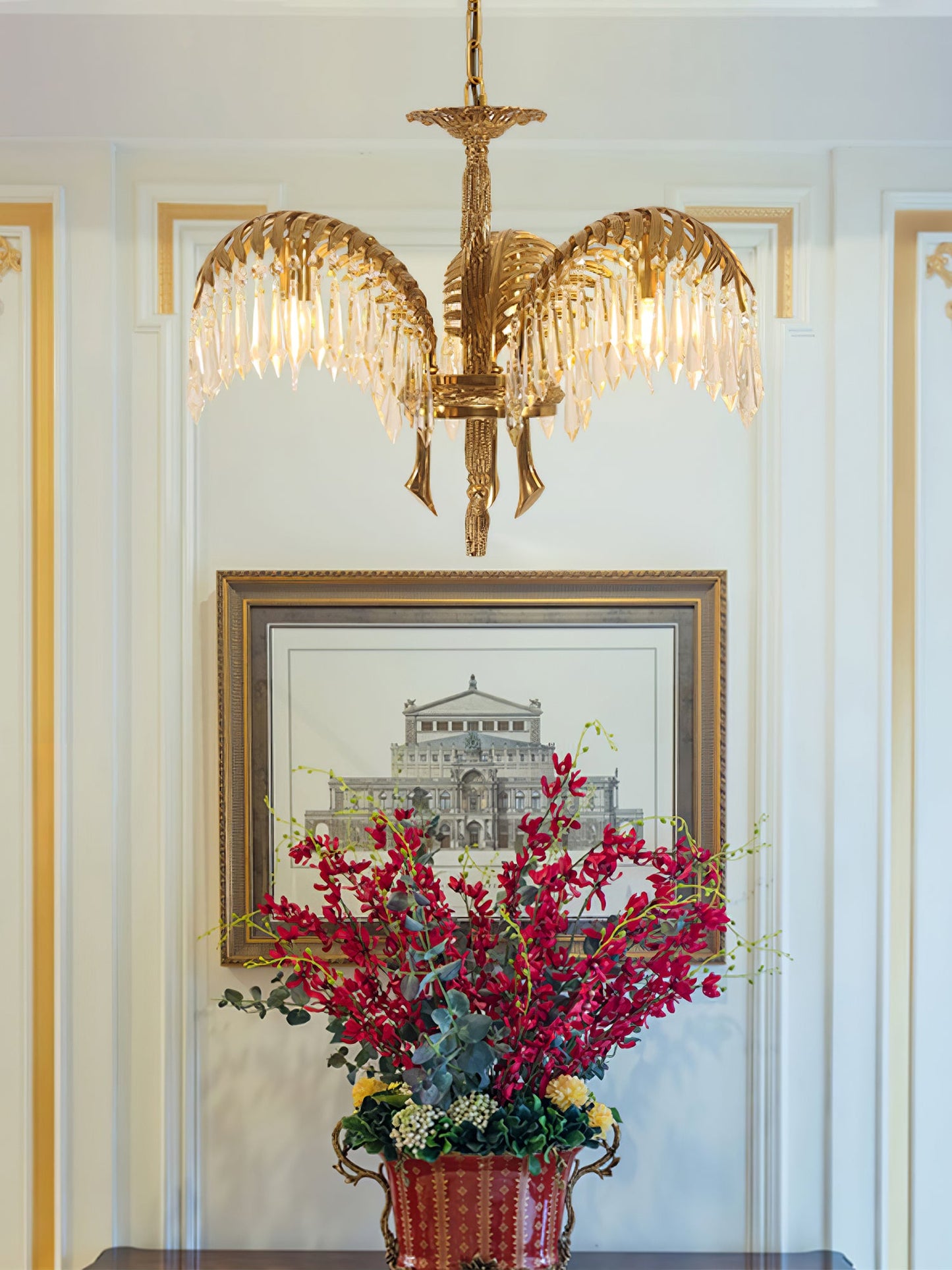 Elegant Brass Palm Leaf Crystal Chandelier with Adjustable Height & Di