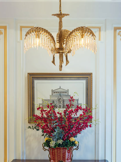 Elegant Brass Palm Leaf Crystal Chandelier with Adjustable Height & Di