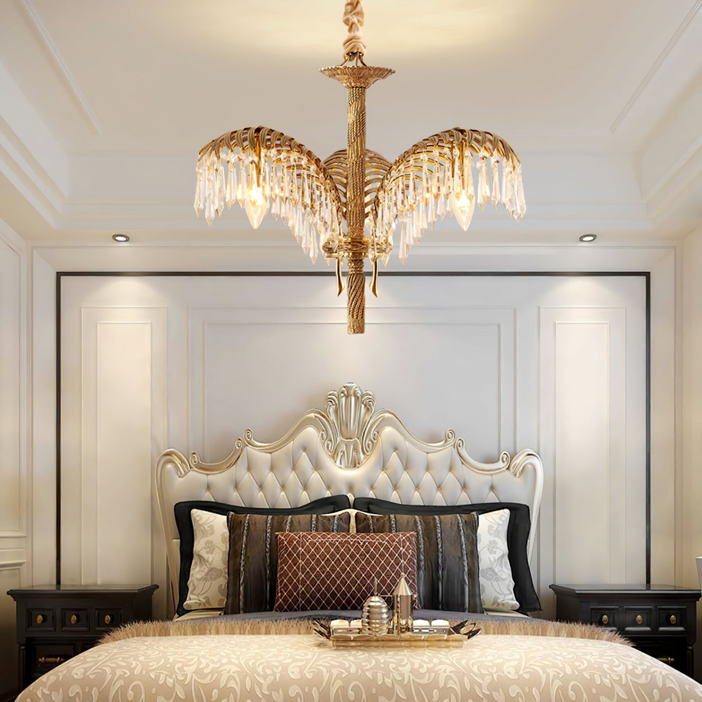 Elegant Brass Palm Leaf Crystal Chandelier with Adjustable Height & Di