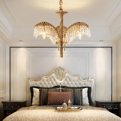 Elegant Brass Palm Leaf Crystal Chandelier with Adjustable Height & Di