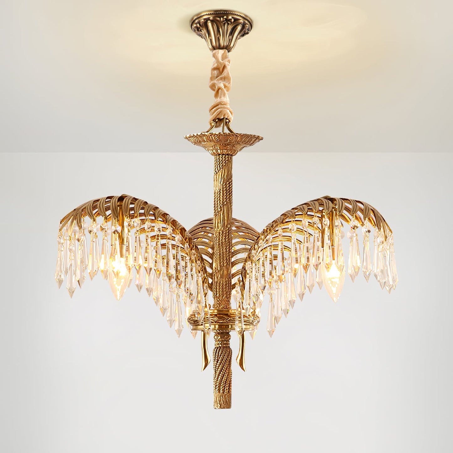 Elegant Brass Palm Leaf Crystal Chandelier with Adjustable Height & Di