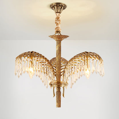 Elegant Brass Palm Leaf Crystal Chandelier with Adjustable Height & Di