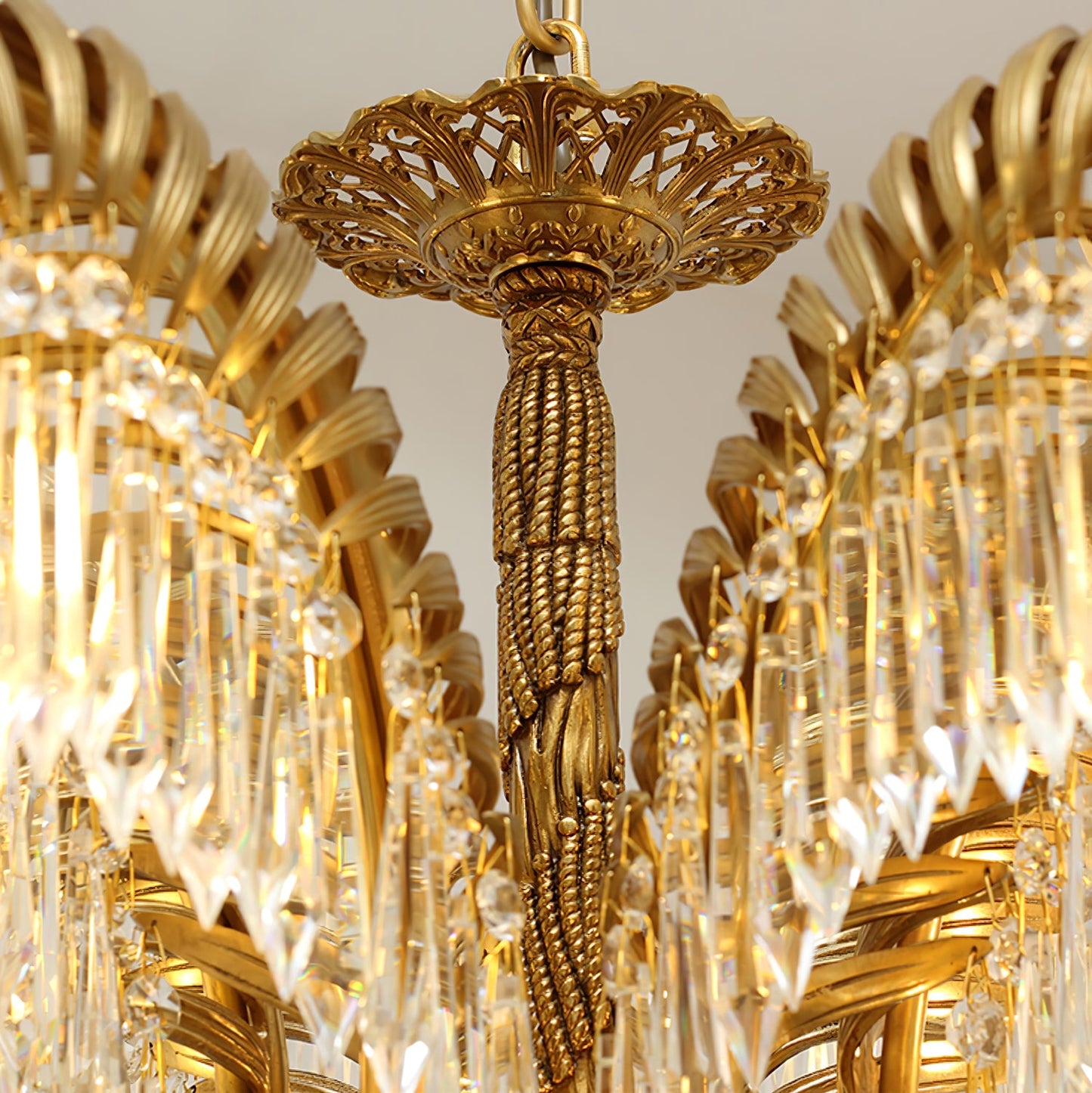 Elegant Brass Palm Leaf Crystal Chandelier with Adjustable Height & Di