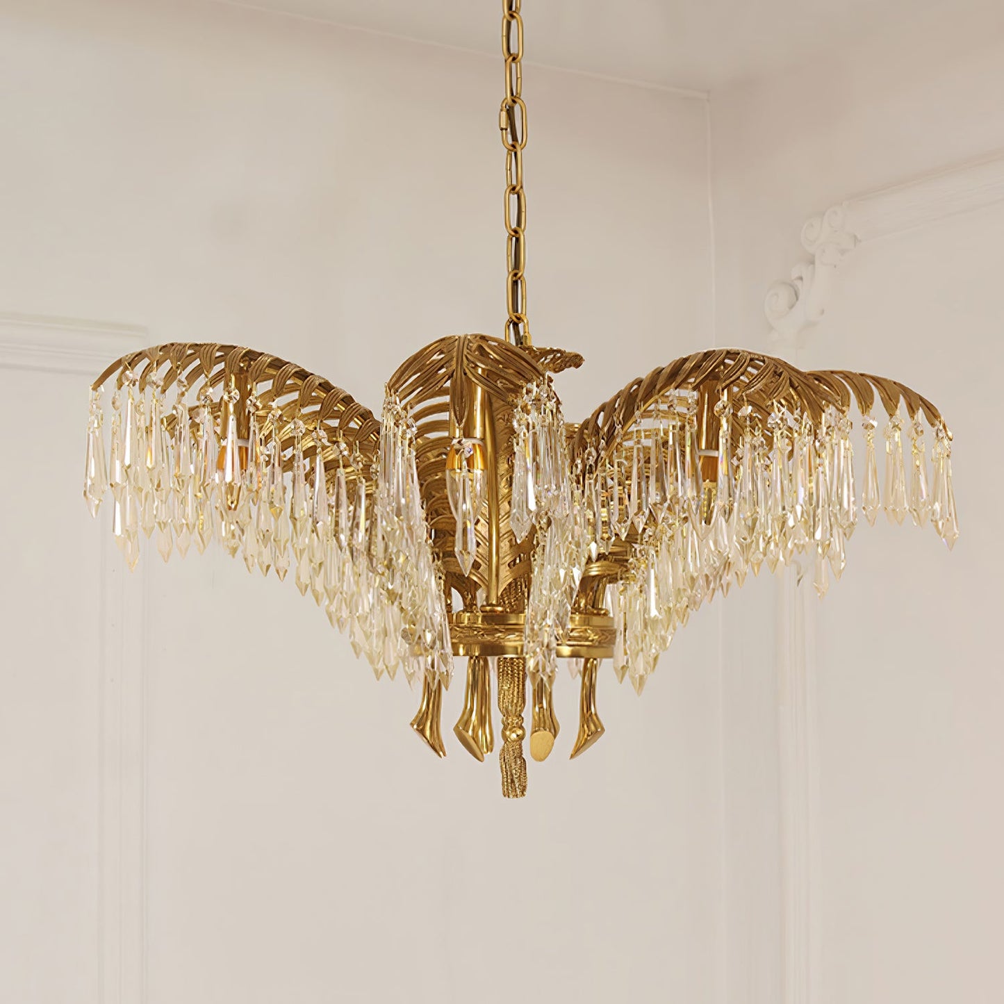 Elegant Brass Palm Leaf Crystal Chandelier with Adjustable Height & Di