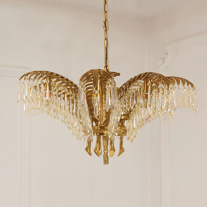 Elegant Brass Palm Leaf Crystal Chandelier with Adjustable Height & Di