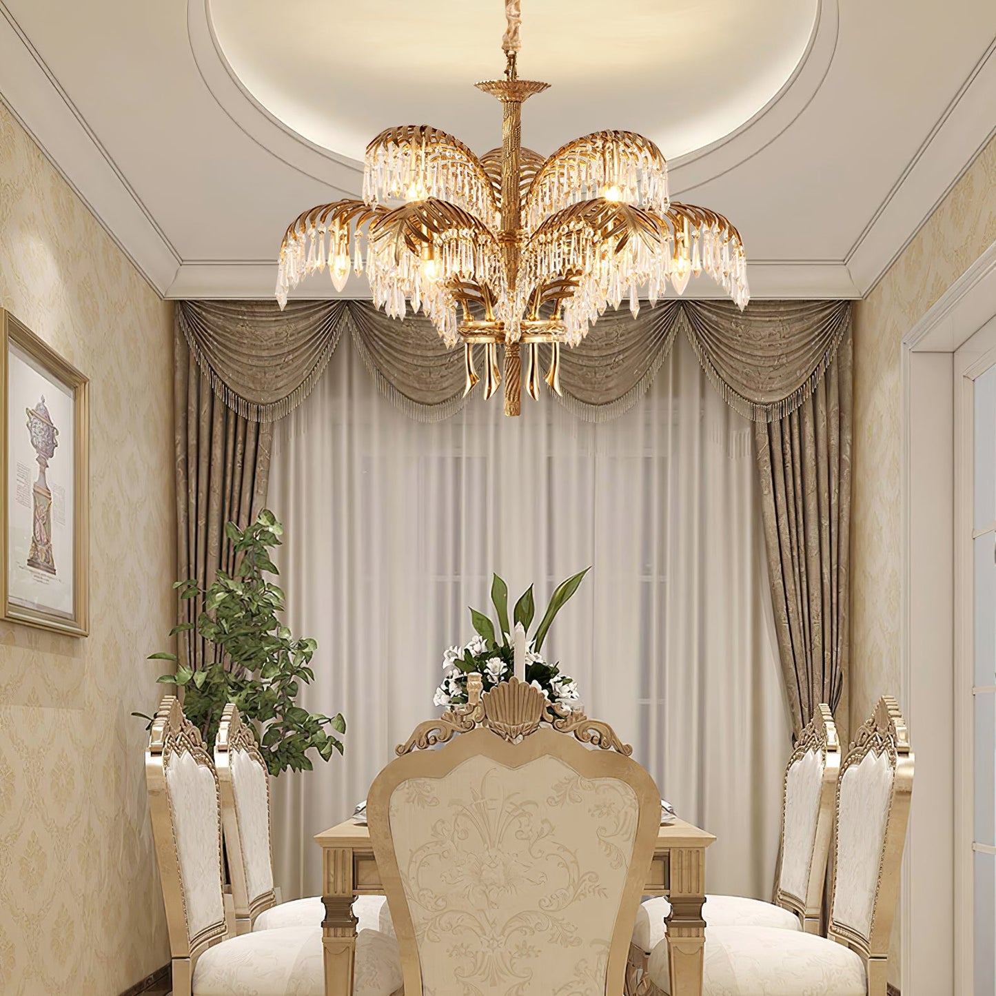 Elegant Brass Palm Leaf Crystal Chandelier with Adjustable Height & Di