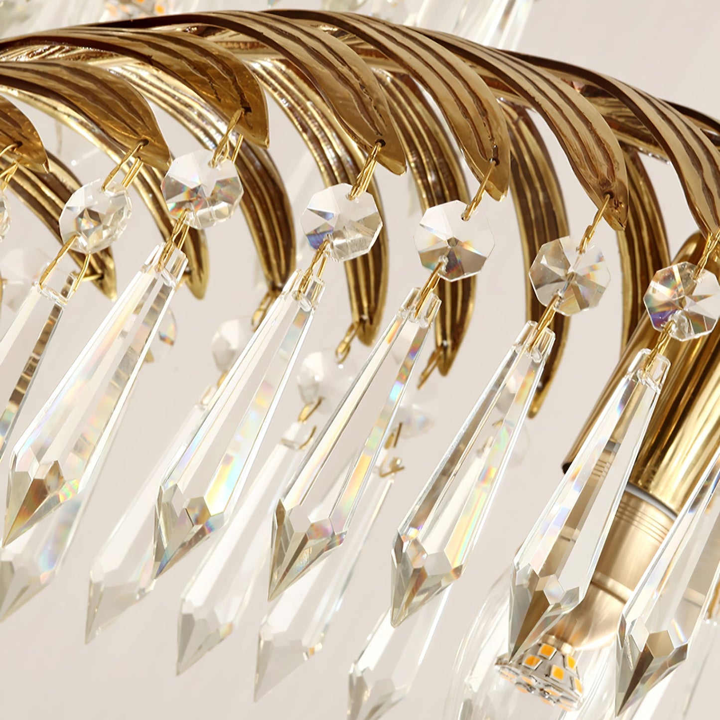 Elegant Brass Palm Leaf Crystal Chandelier with Adjustable Height & Di