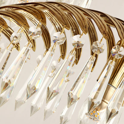 Elegant Brass Palm Leaf Crystal Chandelier with Adjustable Height & Di