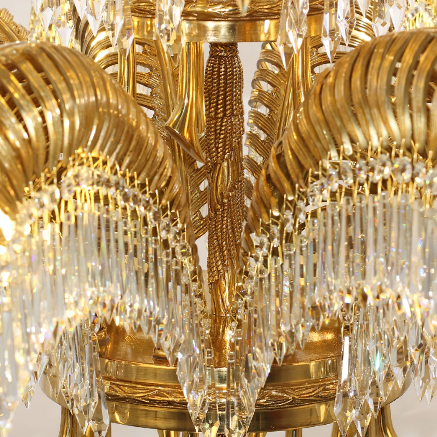 Elegant Brass Palm Leaf Crystal Chandelier with Adjustable Height & Di