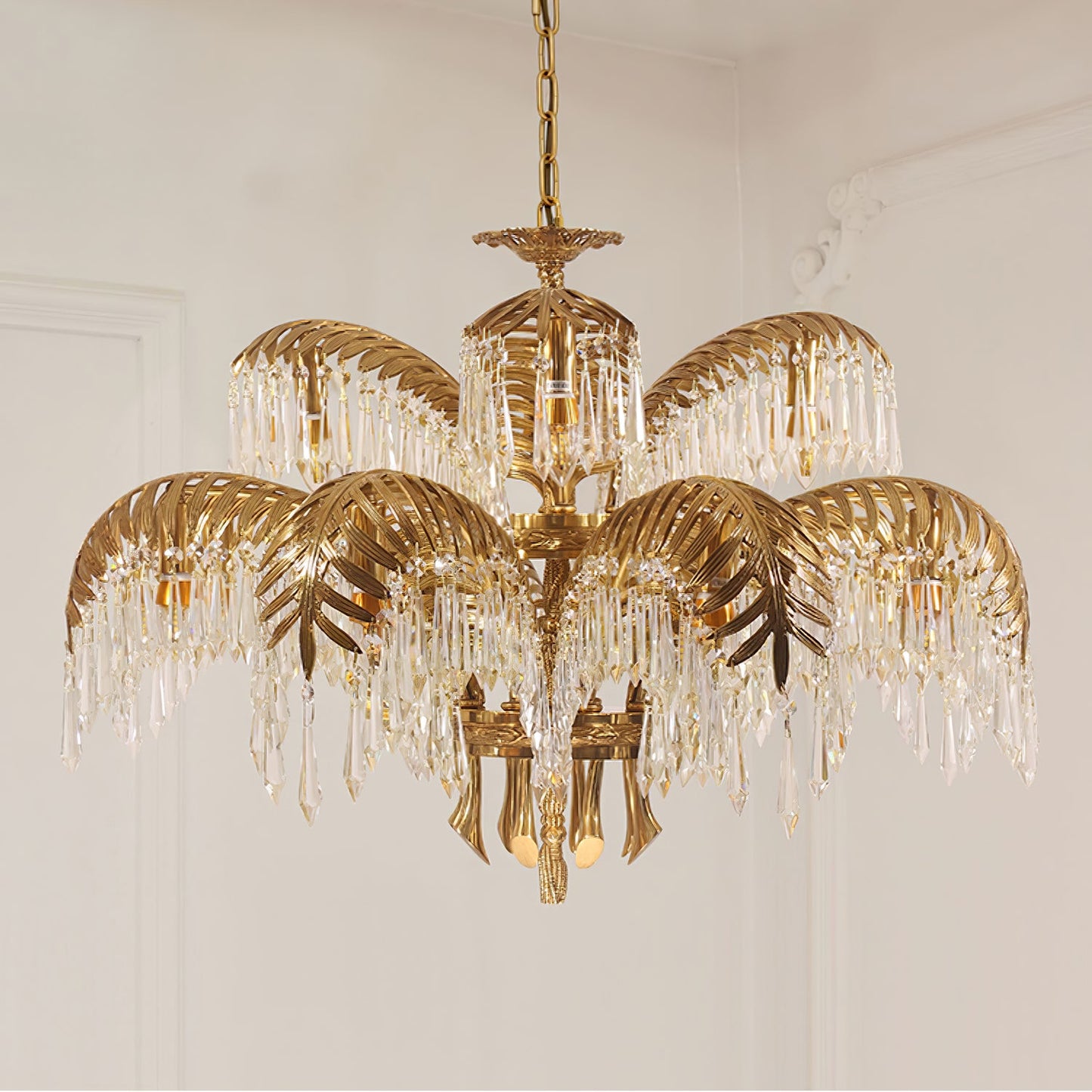 Elegant Brass Palm Leaf Crystal Chandelier with Adjustable Height & Di