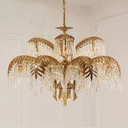 Elegant Brass Palm Leaf Crystal Chandelier with Adjustable Height & Di