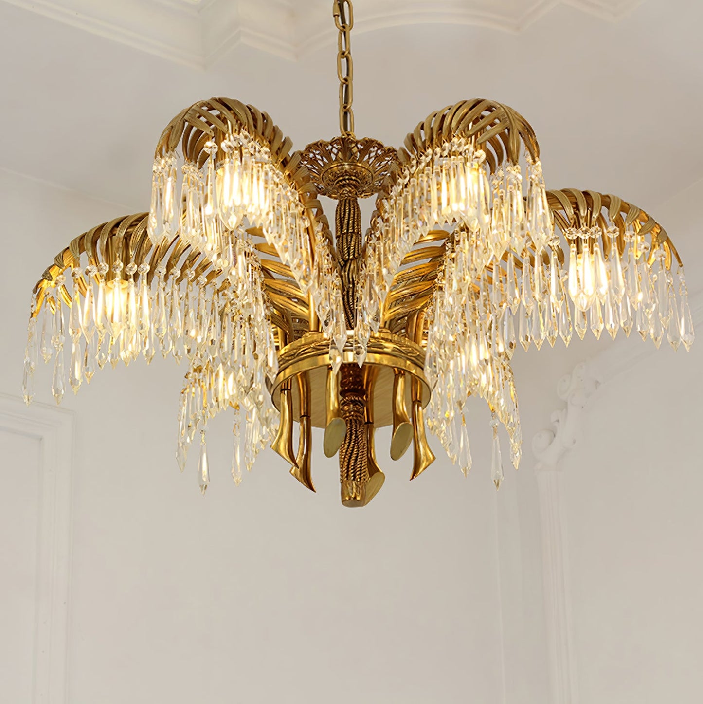 Elegant Brass Palm Leaf Crystal Chandelier with Adjustable Height & Di