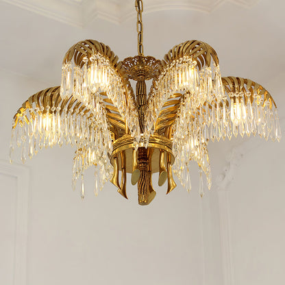 Elegant Brass Palm Leaf Crystal Chandelier with Adjustable Height & Di