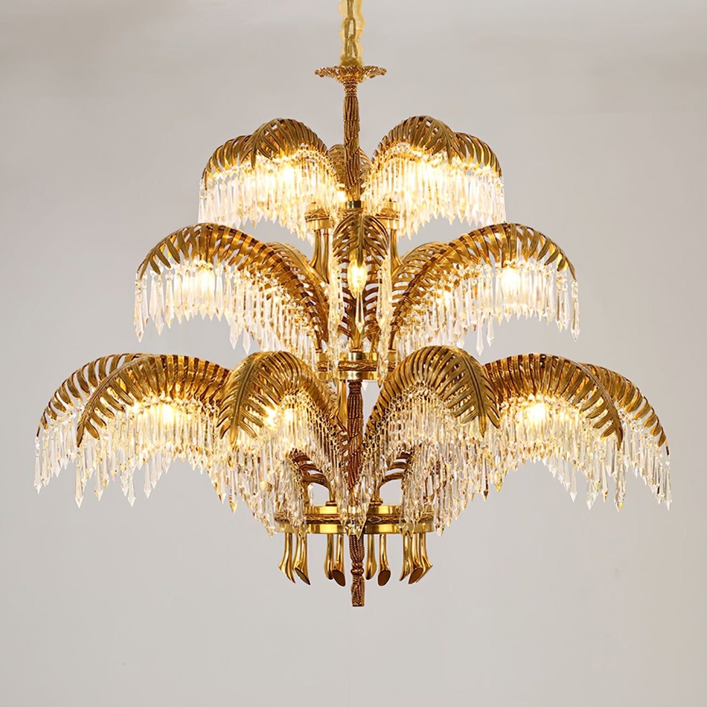 Elegant Brass Palm Leaf Crystal Chandelier with Adjustable Height & Di