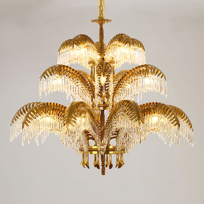 Elegant Brass Palm Leaf Crystal Chandelier with Adjustable Height & Di