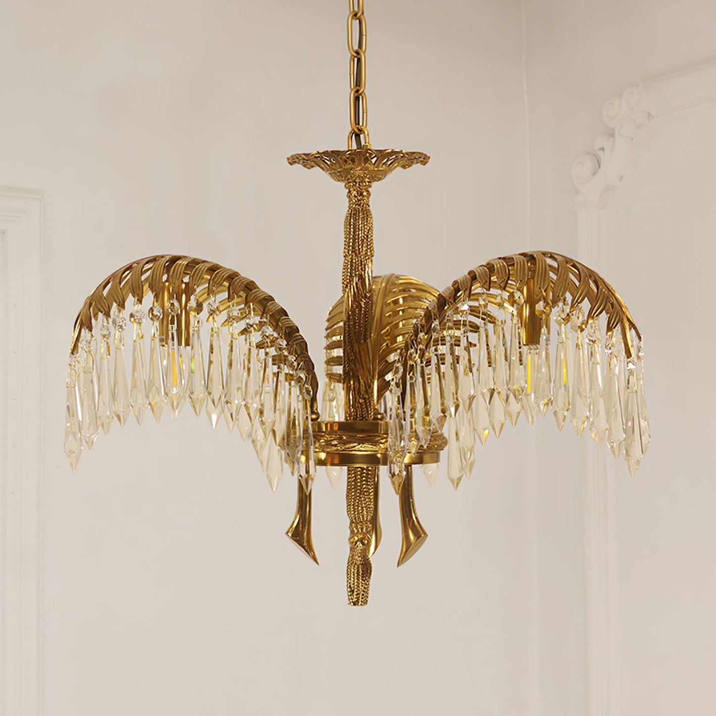 Elegant Brass Palm Leaf Crystal Chandelier with Adjustable Height & Di