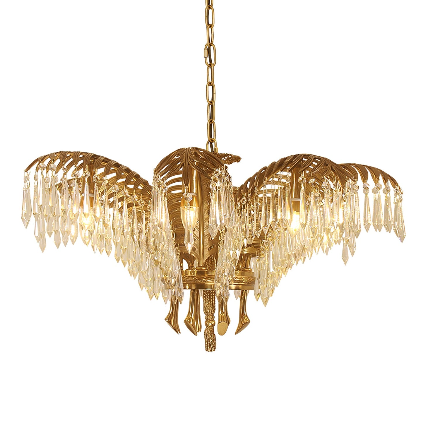 Elegant Brass Palm Leaf Crystal Chandelier with Adjustable Height & Di