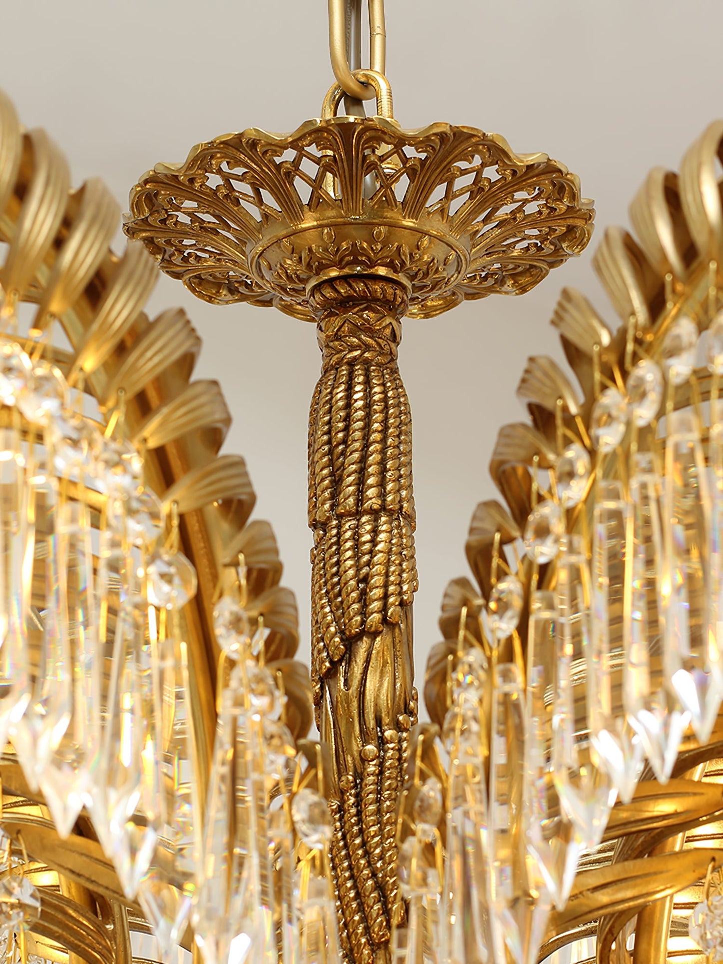 Elegant Brass Palm Leaf Crystal Chandelier with Adjustable Height & Di