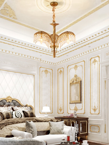 Elegant Brass Palm Leaf Crystal Chandelier with Adjustable Height & Di