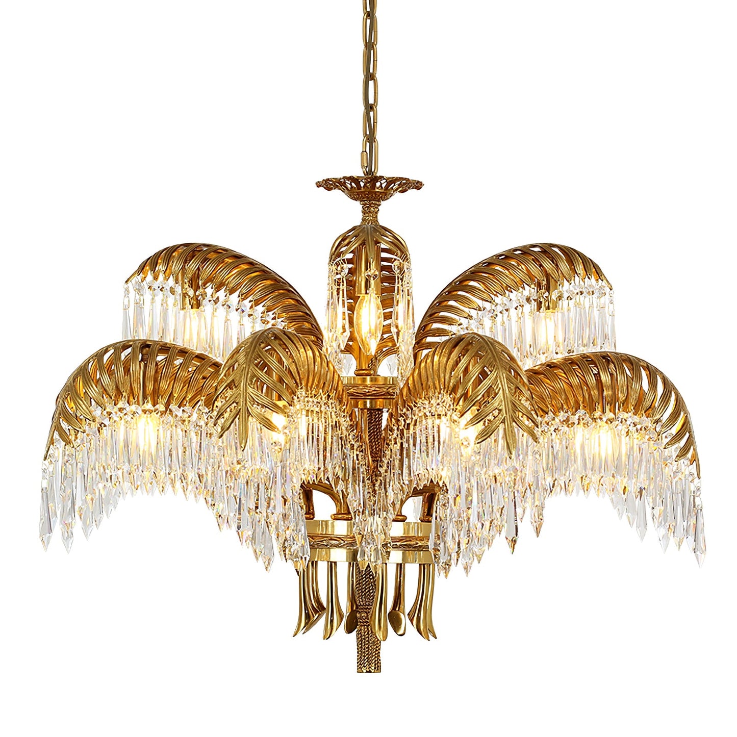Elegant Brass Palm Leaf Crystal Chandelier with Adjustable Height & Di