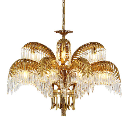 Elegant Brass Palm Leaf Crystal Chandelier with Adjustable Height & Di