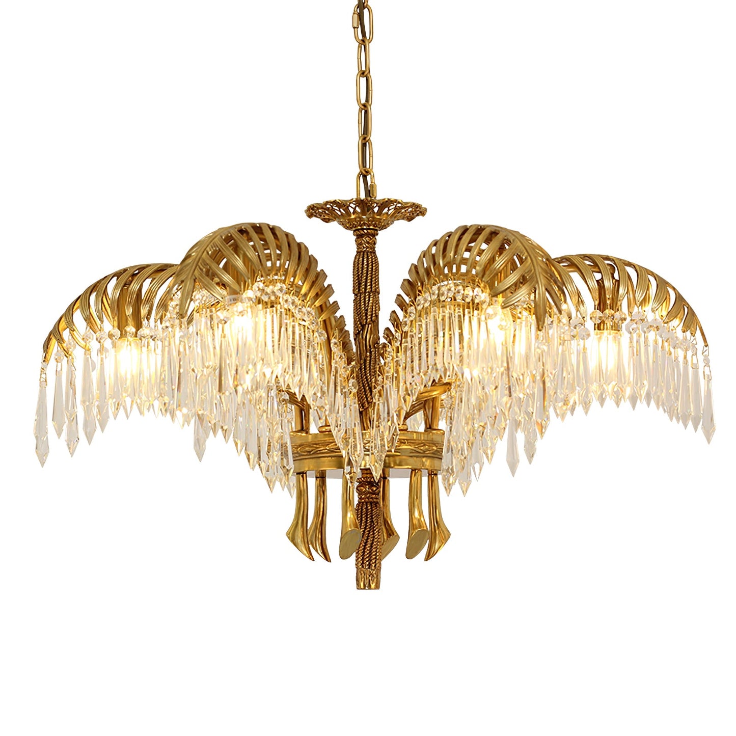 Elegant Brass Palm Leaf Crystal Chandelier with Adjustable Height & Di