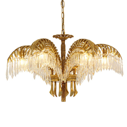 Elegant Brass Palm Leaf Crystal Chandelier with Adjustable Height & Di