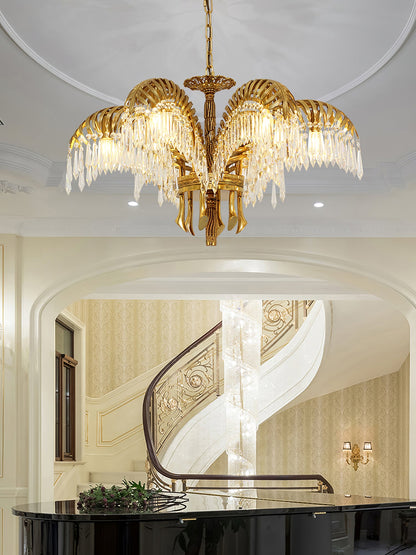 Elegant Brass Palm Leaf Crystal Chandelier with Adjustable Height & Di