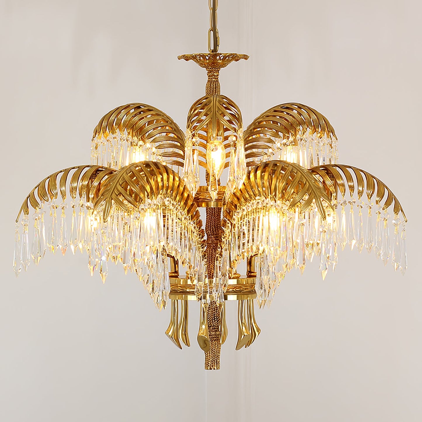 Elegant Brass Palm Leaf Crystal Chandelier with Adjustable Height & Di
