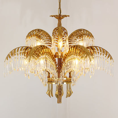 Elegant Brass Palm Leaf Crystal Chandelier with Adjustable Height & Di