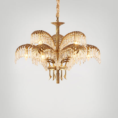 Elegant Brass Palm Leaf Crystal Chandelier with Adjustable Height & Di