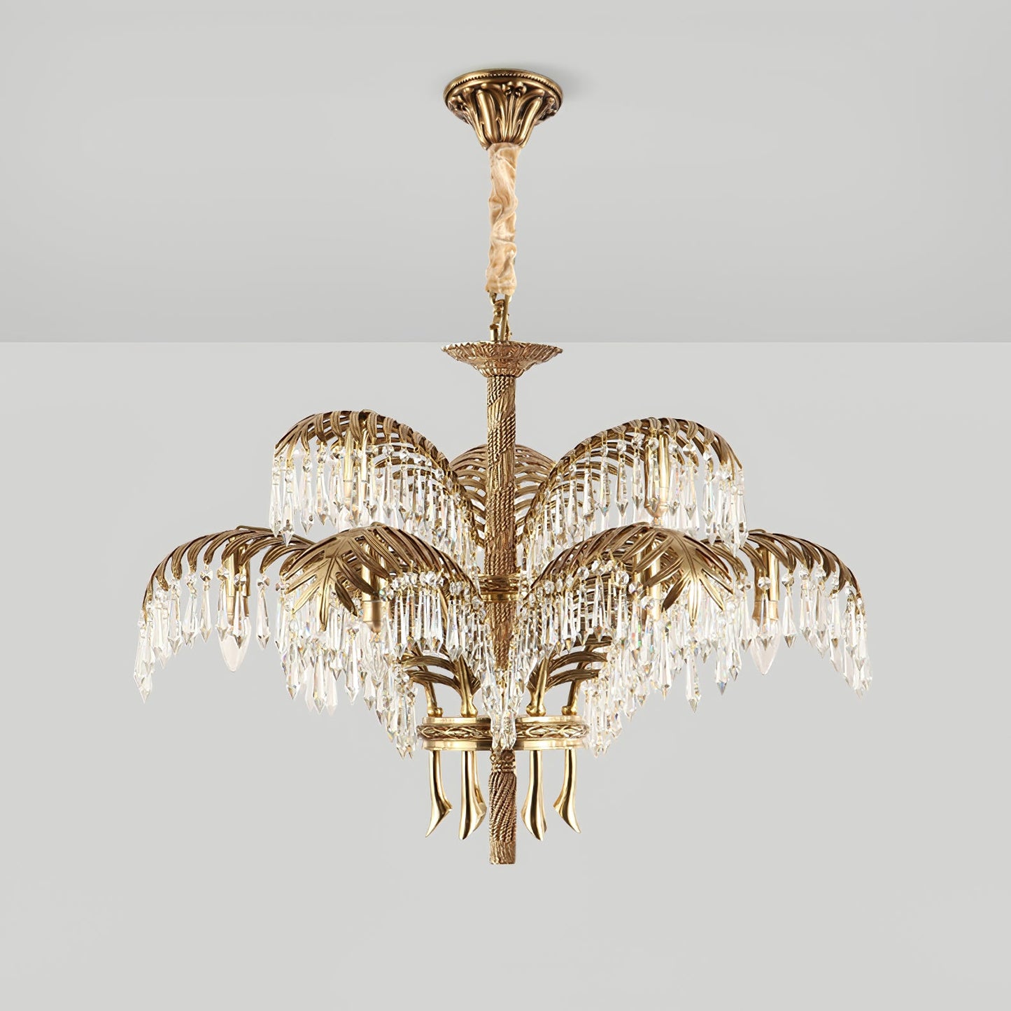 Elegant Brass Palm Leaf Crystal Chandelier with Adjustable Height & Di