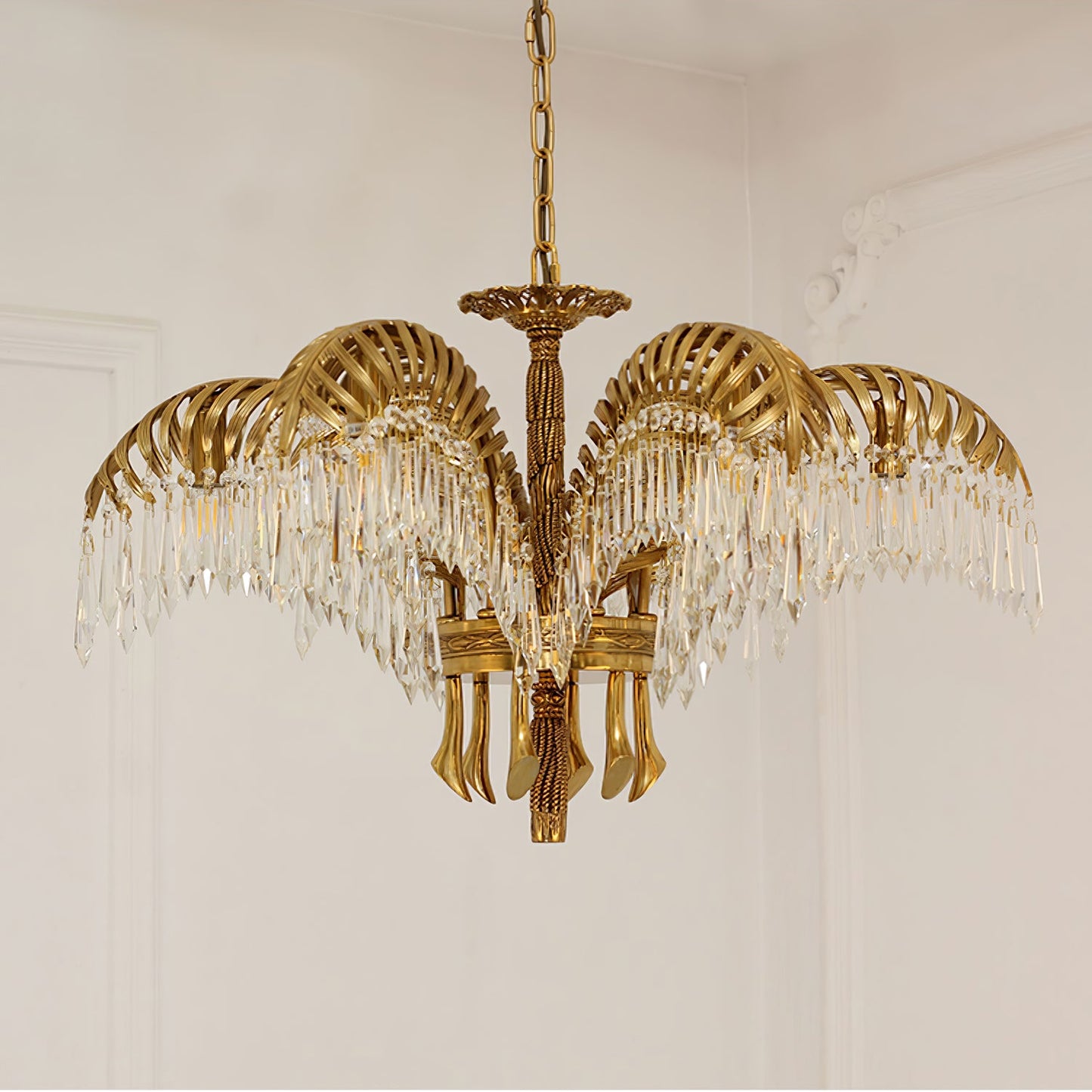 Elegant Brass Palm Leaf Crystal Chandelier with Adjustable Height & Di