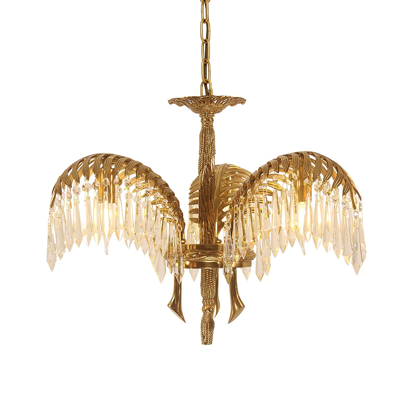 Elegant Brass Palm Leaf Crystal Chandelier with Adjustable Height & Di
