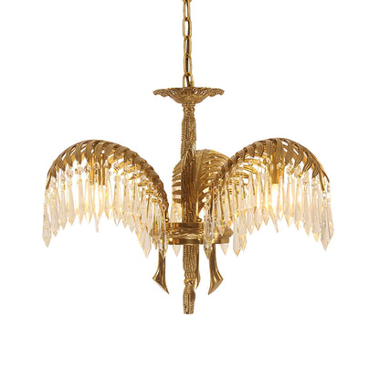 Elegant Brass Palm Leaf Crystal Chandelier with Adjustable Height & Di